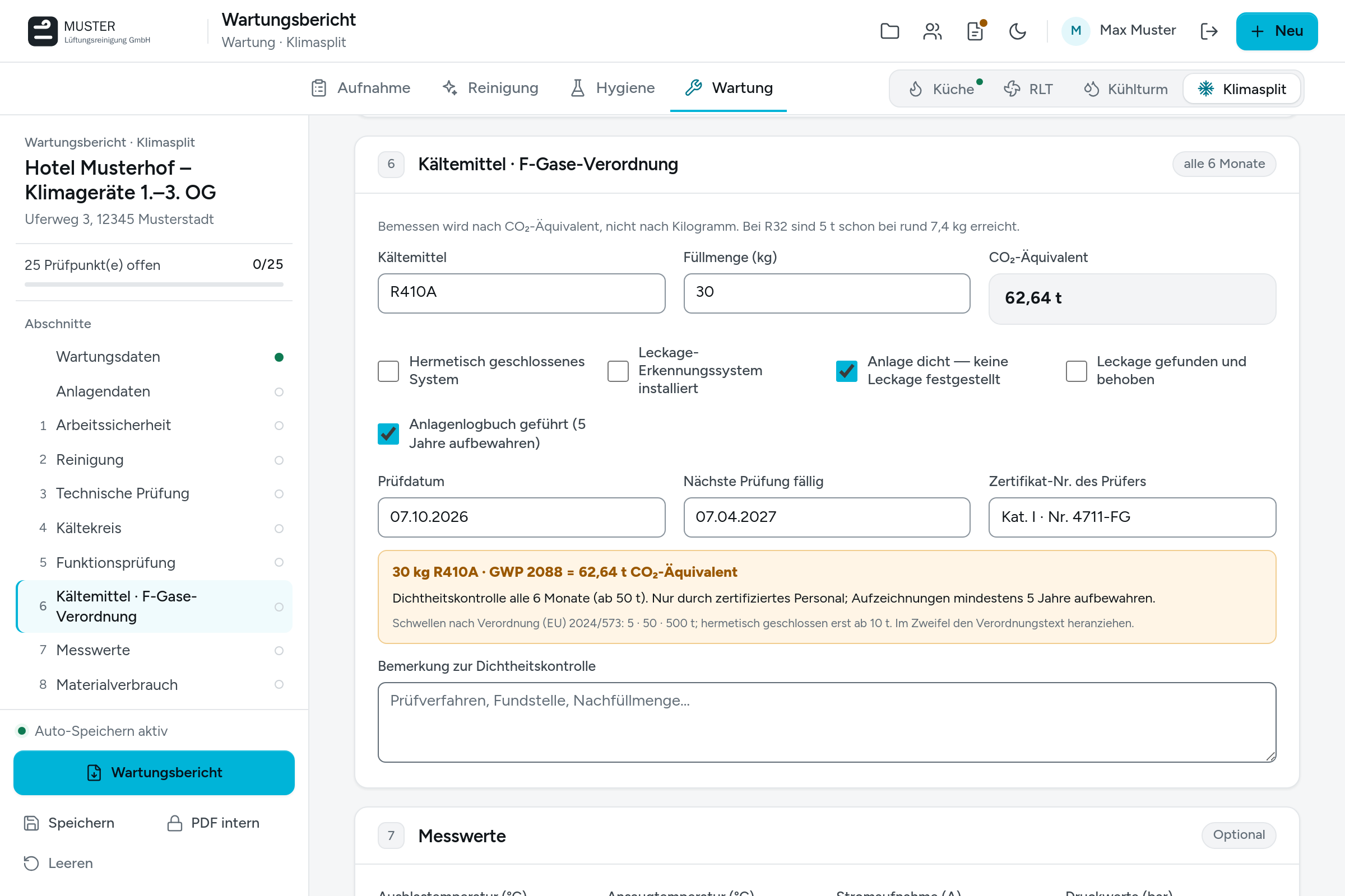 F-Gase-Prüfung: 30 kg R410A ergeben 62,64 t CO2-Äquivalent, Prüfung alle 6 Monate