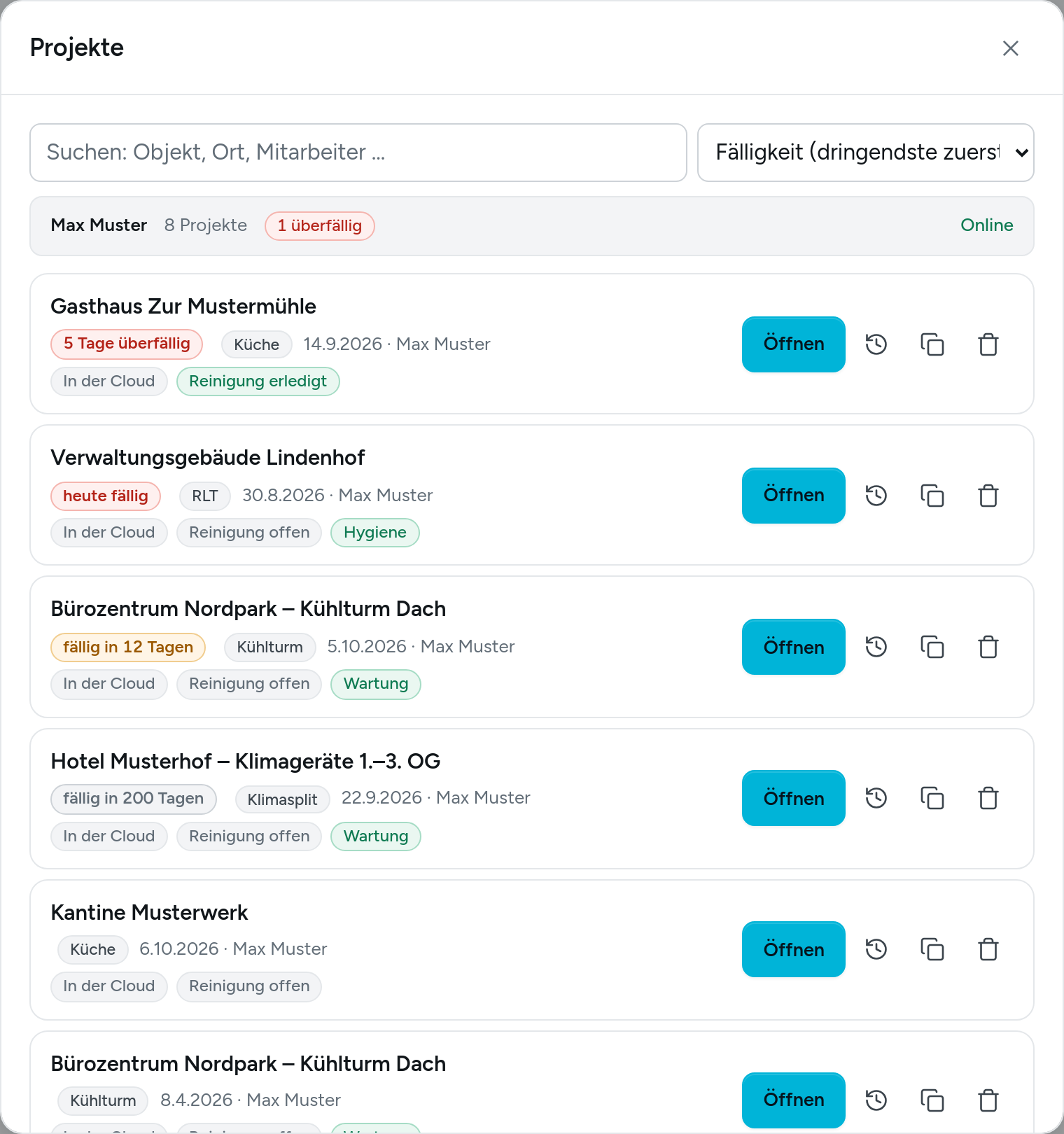 Projektliste nach Fälligkeit: 5 Tage überfällig, heute fällig, fällig in 12 Tagen