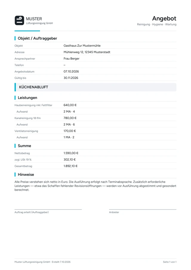 PDF-Seite: Angebot – aus der Kalkulation