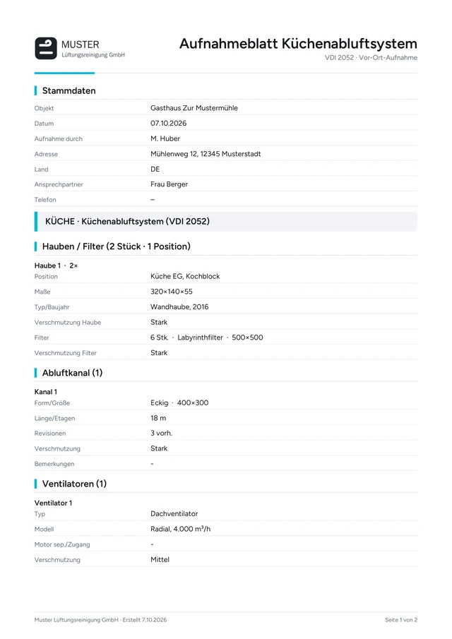 PDF-Seite: Aufnahmeblatt – Anlage, Mängel, Leistungsumfang